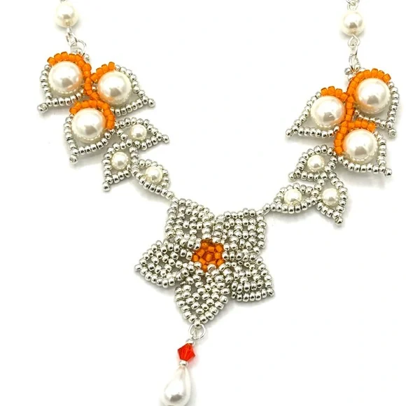 Hand Crafted Silver and Orange with Pearl Flower Necklace - Picture 1 of 9